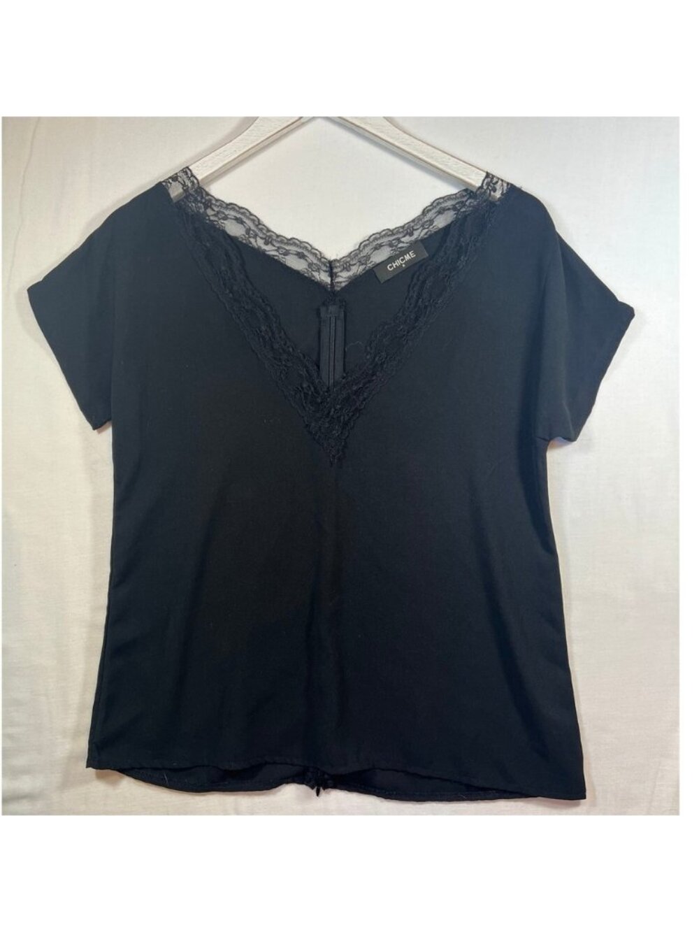 ChicMe Womens‎ Black Lace Trim V-Neck Short Sleeve Split Back Blouse Top Small